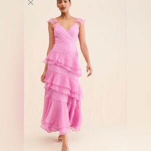 Hutch Tiered Ruffle Shimmer Chiffon Pink Flutter Sleeve Maxi Gown - Size 8